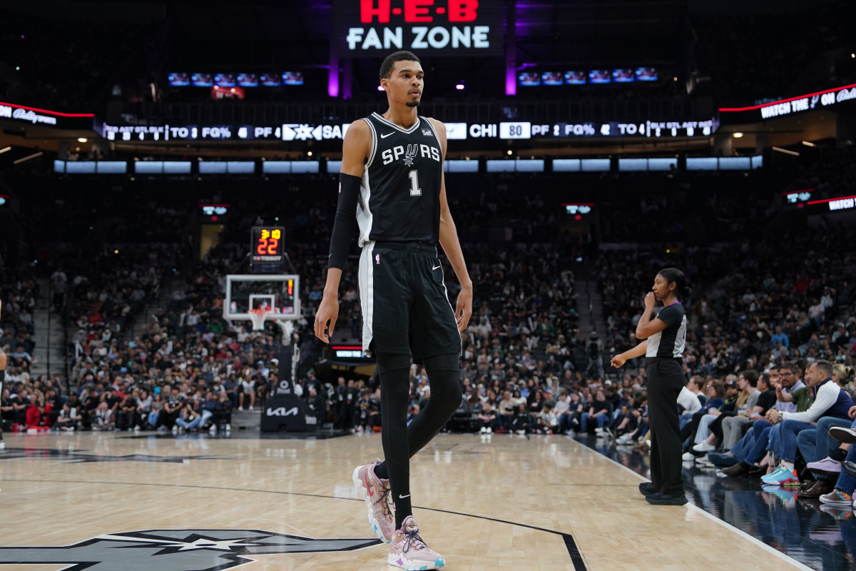 Dec 8, 2023; San Antonio, Texas, USA; San Antonio Spurs center Victor Wembanyama (1) walks over in the second half against the Chicago Bulls at the Frost Bank Center.